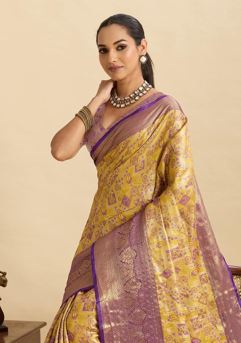 Yellow Paisley Silk Saree Set - Indya