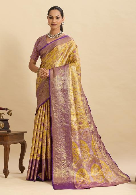 Yellow Paisley Silk Saree Set
