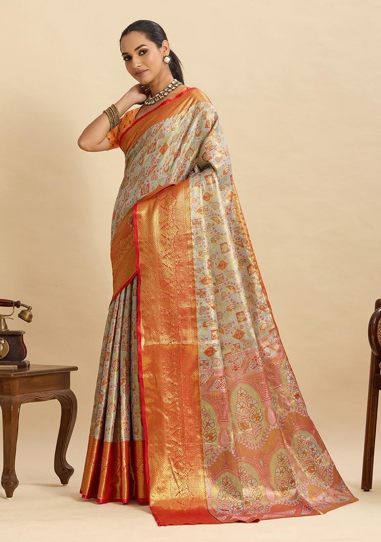 Orange Paisley Silk Saree Set - Indya