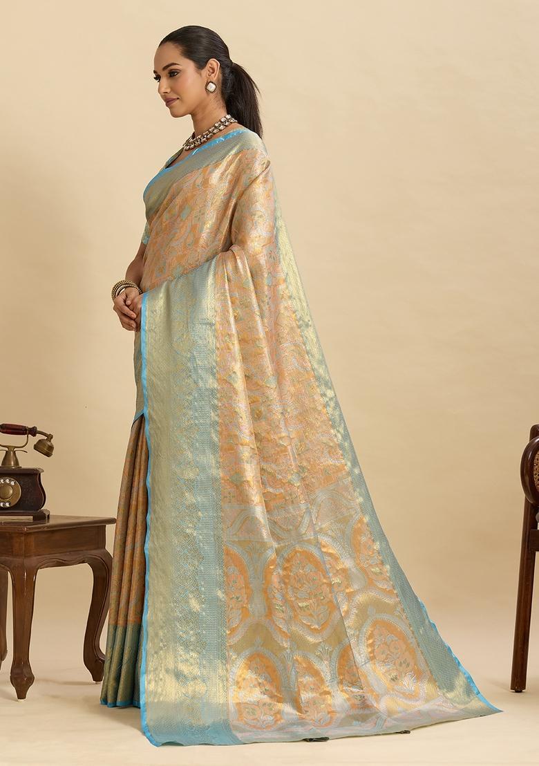 Light Gold Paisley Silk Saree Set - Indya