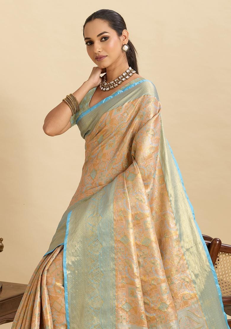 Light Gold Paisley Silk Saree Set - Indya