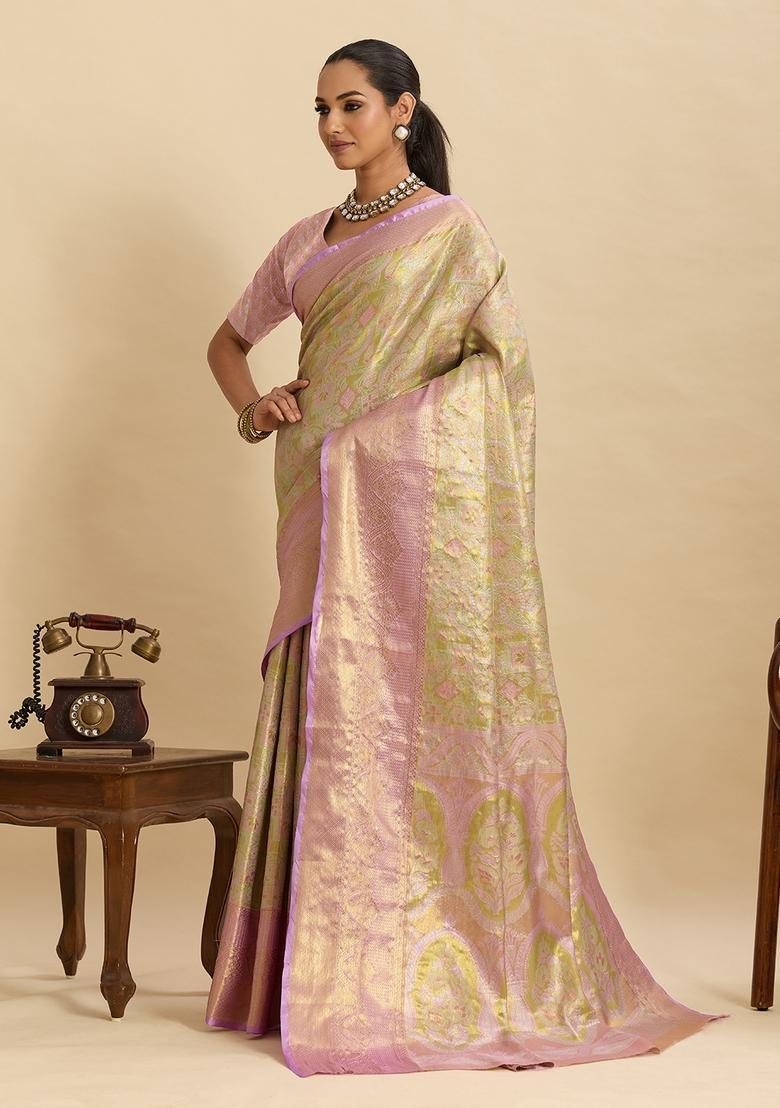 Lavender Paisley Silk Saree Set - Indya