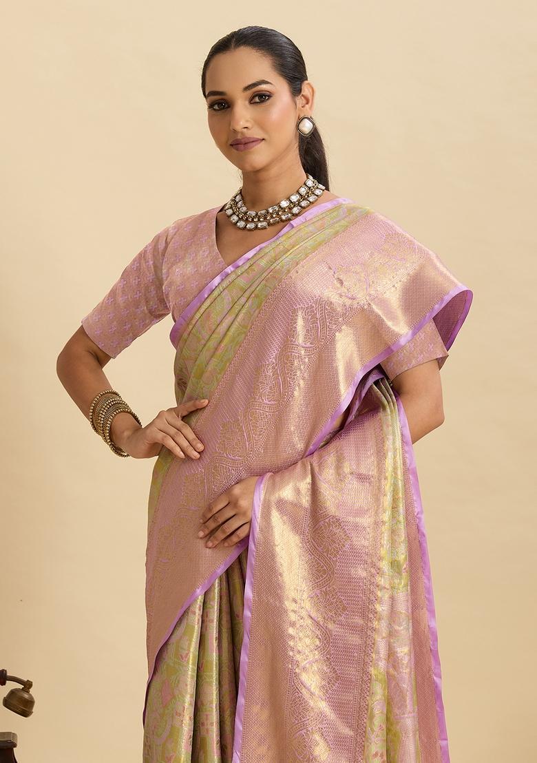 Lavender Paisley Silk Saree Set - Indya