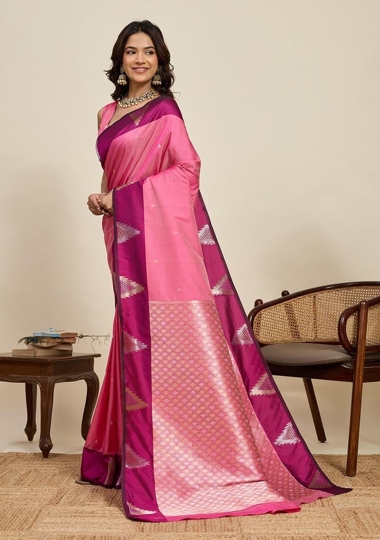 Pink Woven Design Silk Saree Set - Indya
