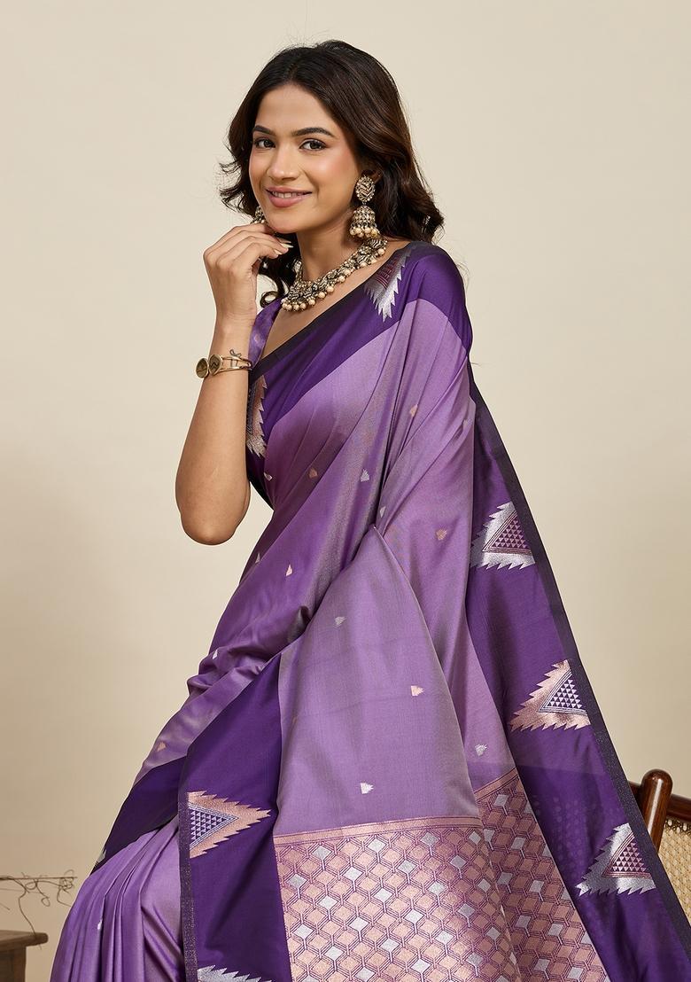 Purple Woven Design Silk Saree Set - Indya
