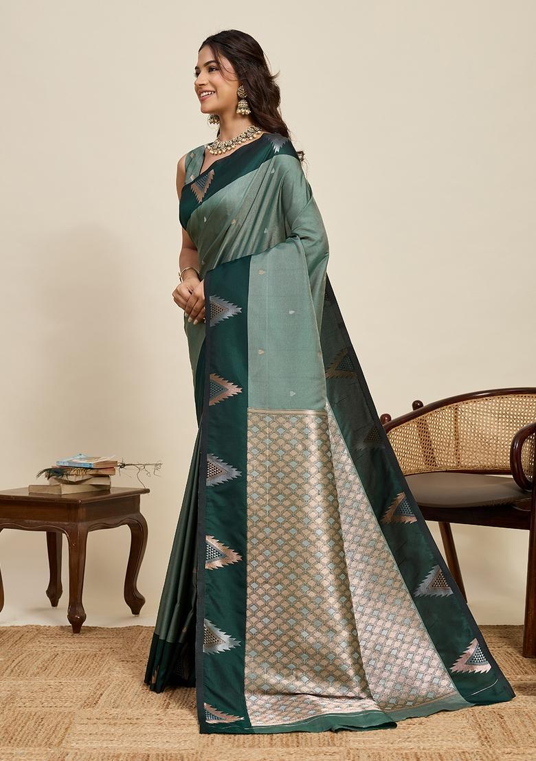 Dark Green Woven Design Silk Saree Set - Indya