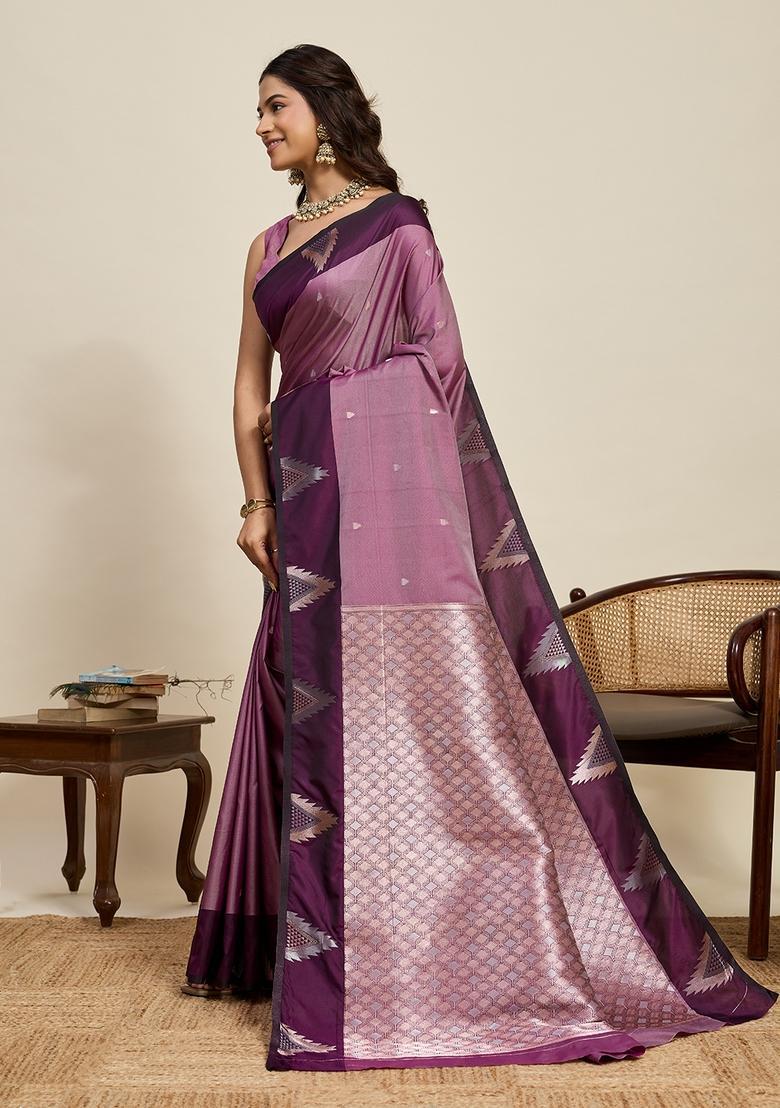 Wine Woven Design Silk Saree Set - Indya