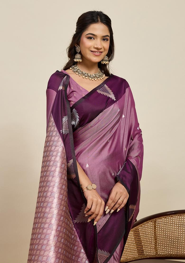 Wine Woven Design Silk Saree Set - Indya