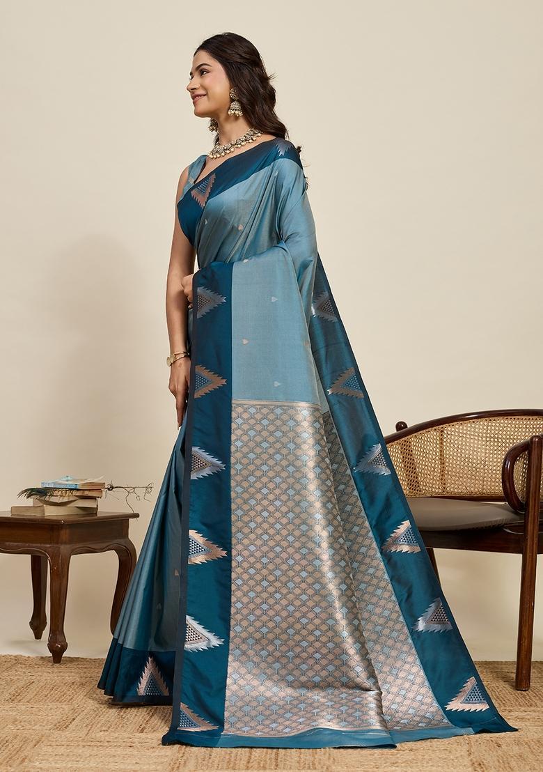 Teal Blue Woven Design Silk Saree Set - Indya