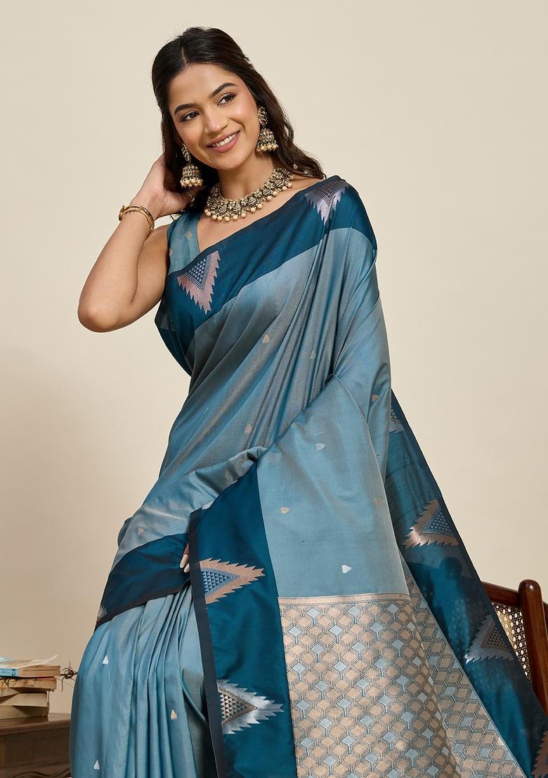 Teal Blue Woven Design Silk Saree Set - Indya