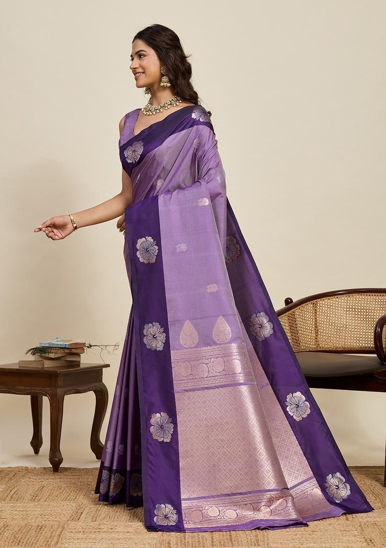 Purple Woven Design Silk Saree Set - Indya