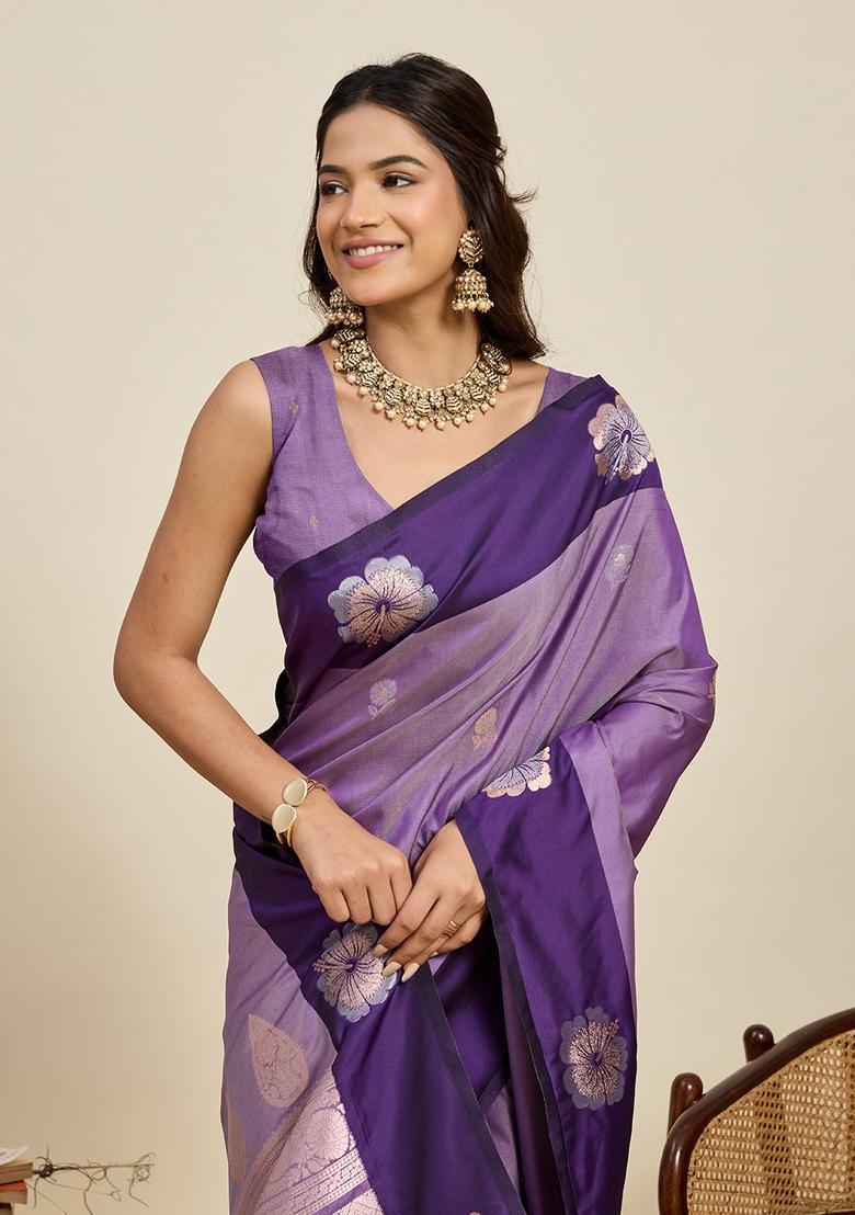 Purple Woven Design Silk Saree Set - Indya