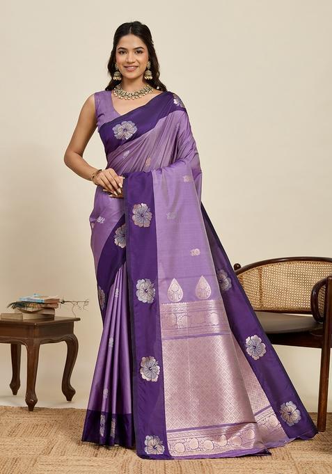 Purple Woven Design Silk Saree Set