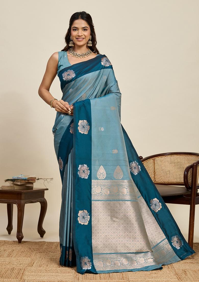 Teal Blue Woven Design Silk Saree Set - Indya