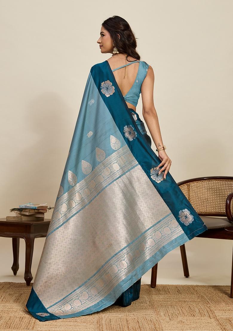 Teal Blue Woven Design Silk Saree Set - Indya