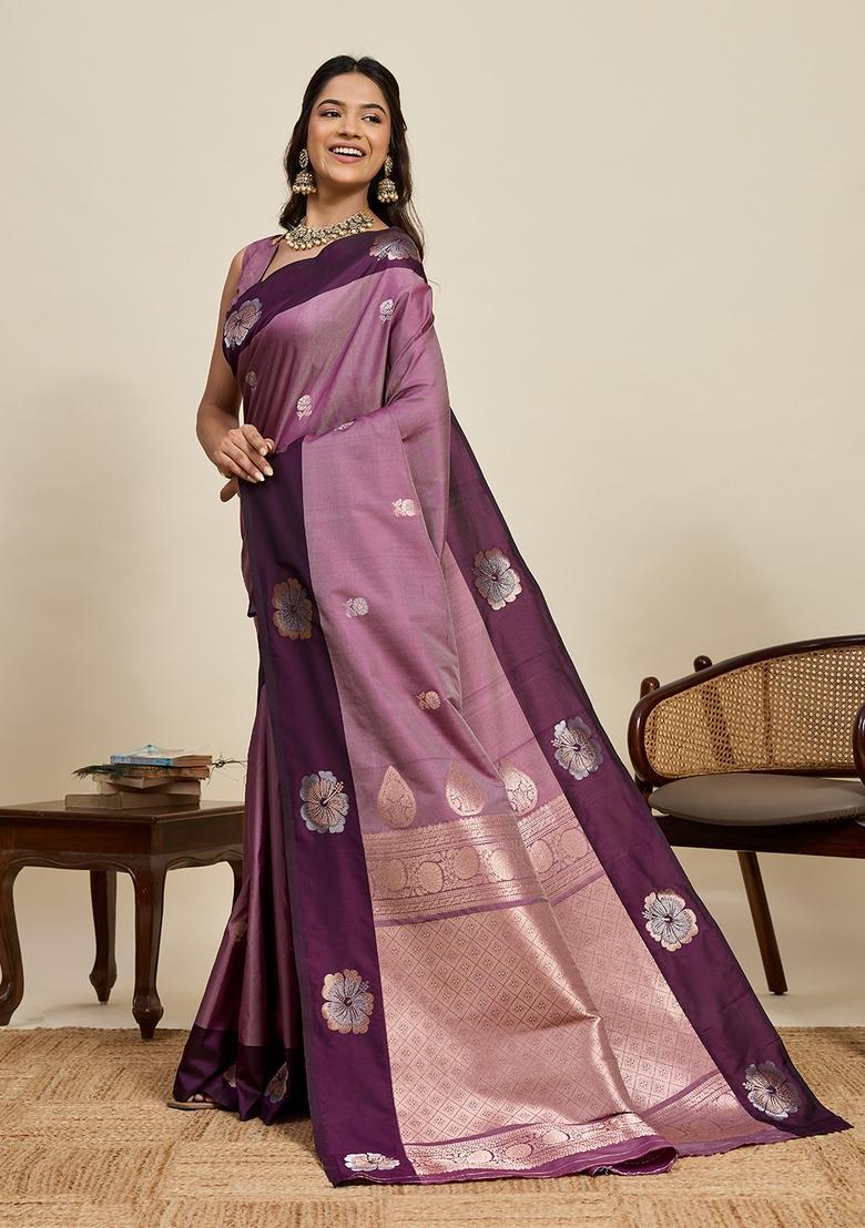 Wine Woven Design Silk Saree Set - Indya