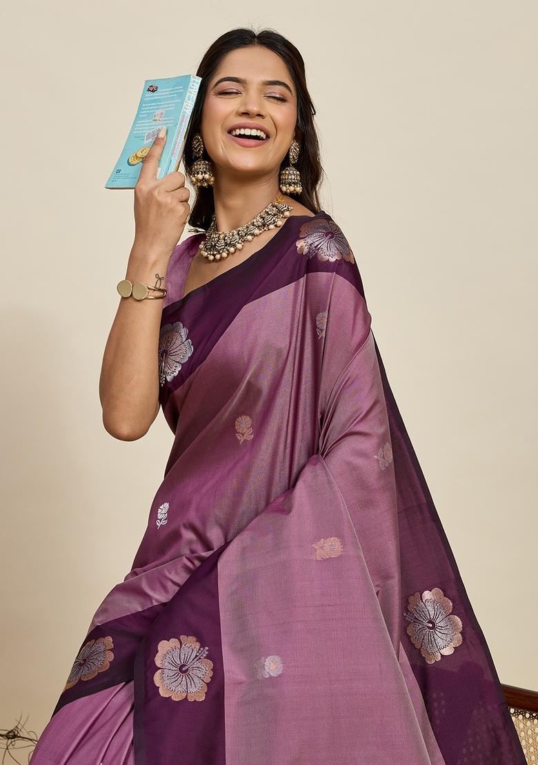 Wine Woven Design Silk Saree Set - Indya