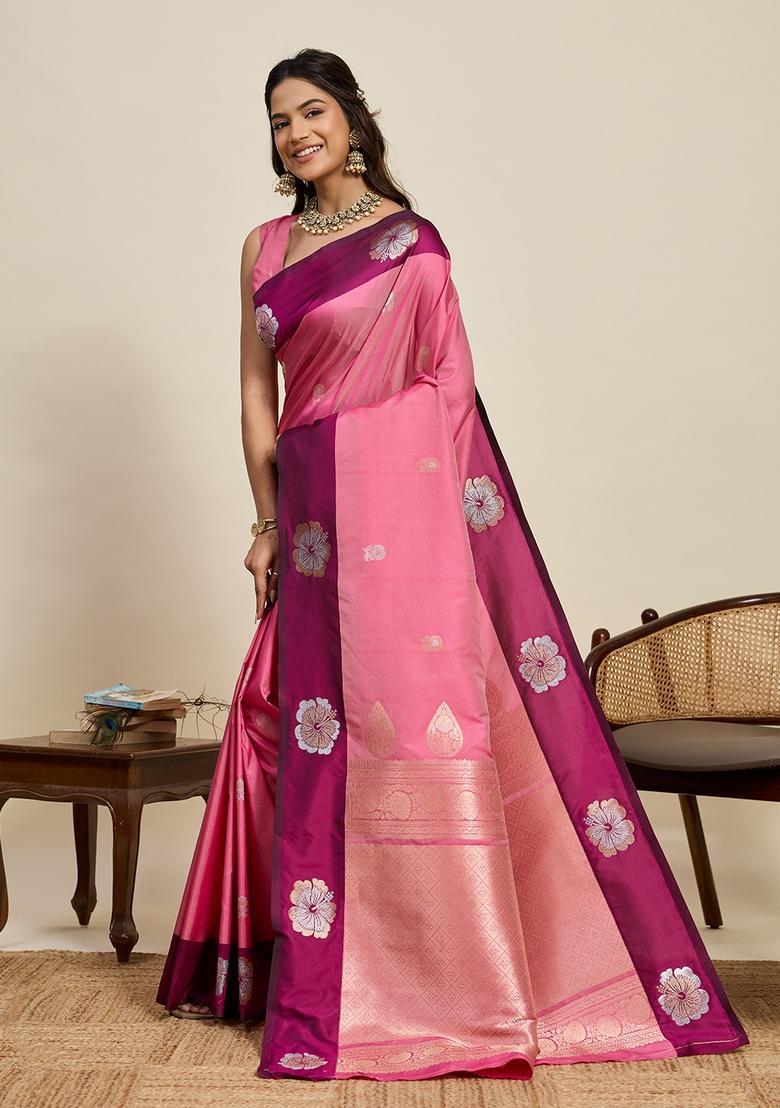 Light Pink Woven Design Silk Saree Set - Indya