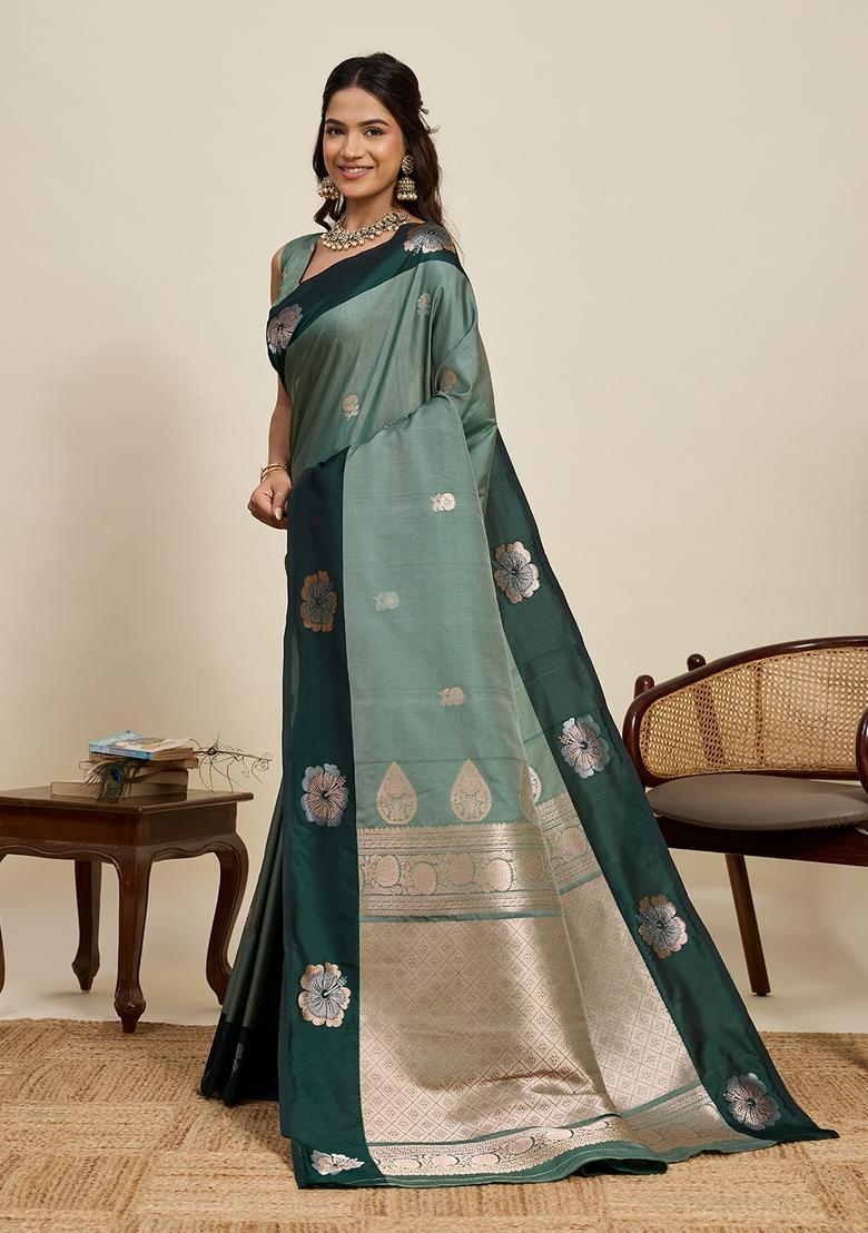 Light Green Woven Design Silk Saree Set - Indya