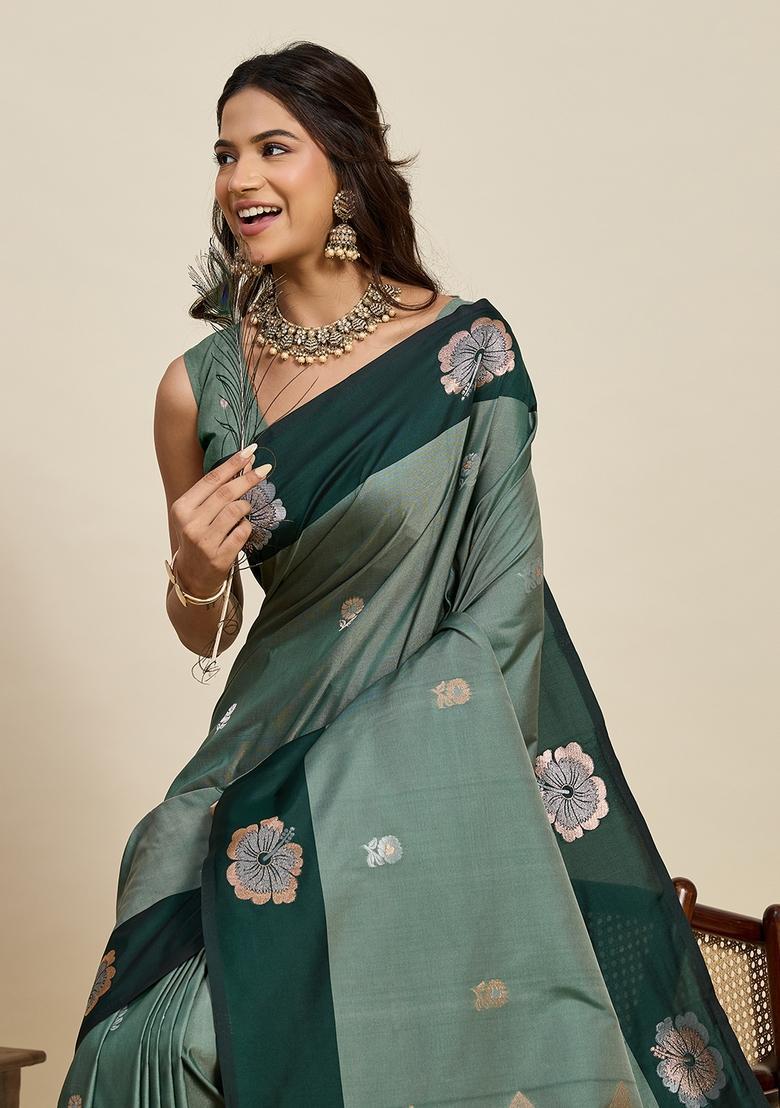 Light Green Woven Design Silk Saree Set - Indya