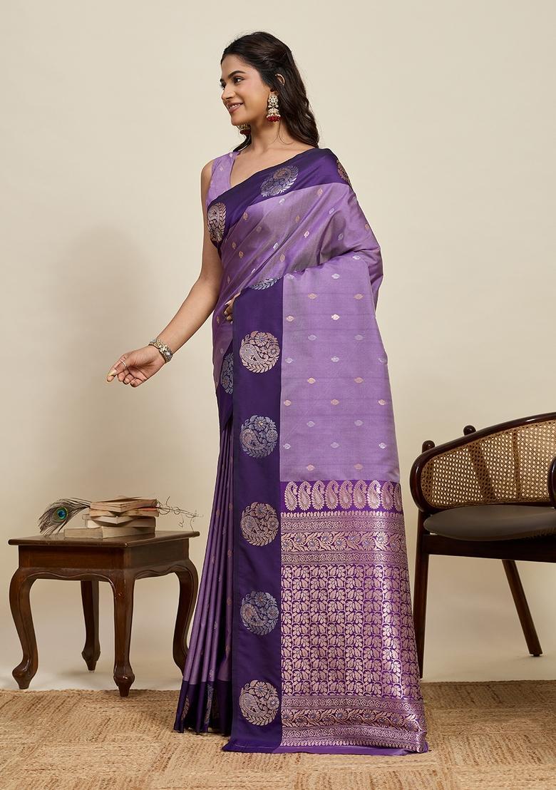 Purple Paisley Silk Saree Set - Indya