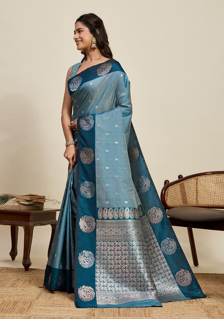Teal Blue Paisley Silk Saree Set - Indya