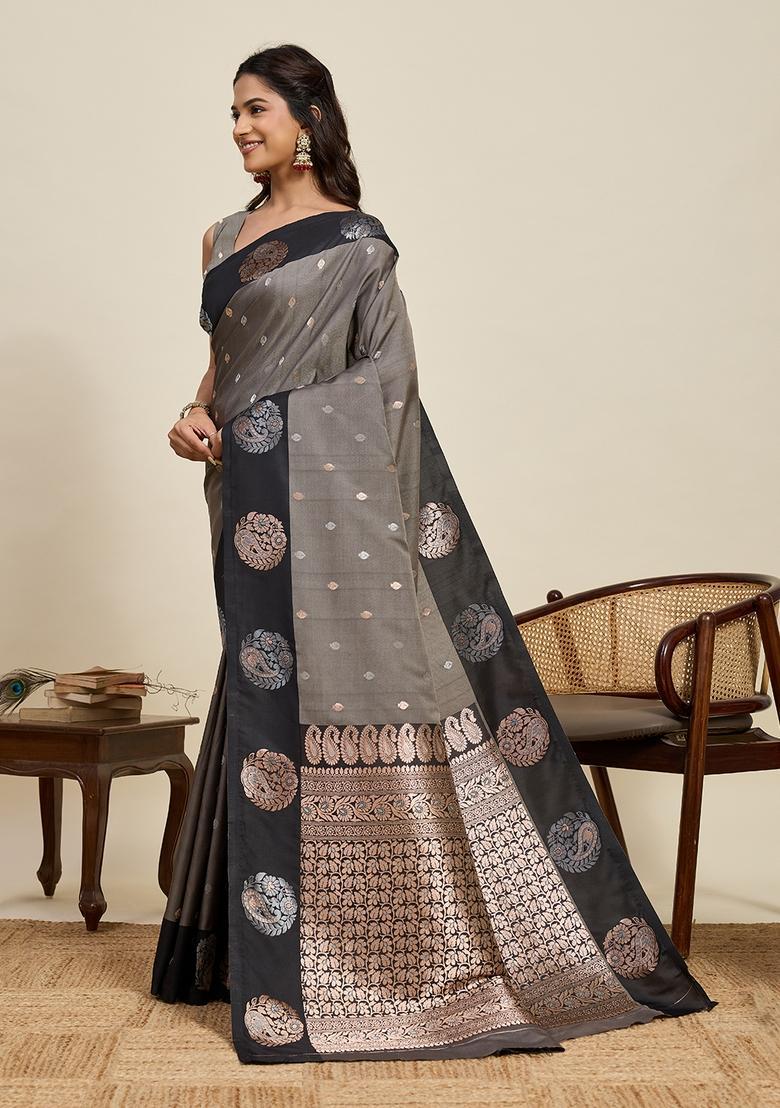 Black Paisley Silk Saree Set - Indya