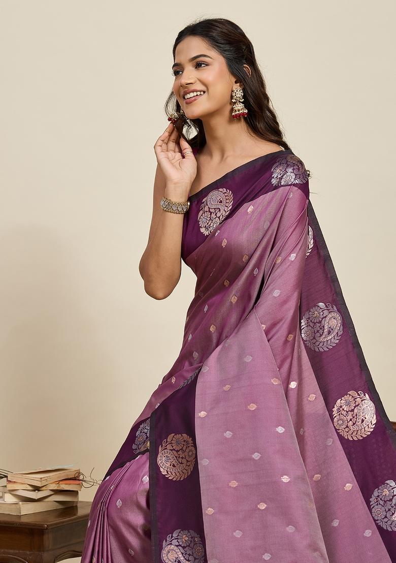 Wine Paisley Silk Saree Set - Indya