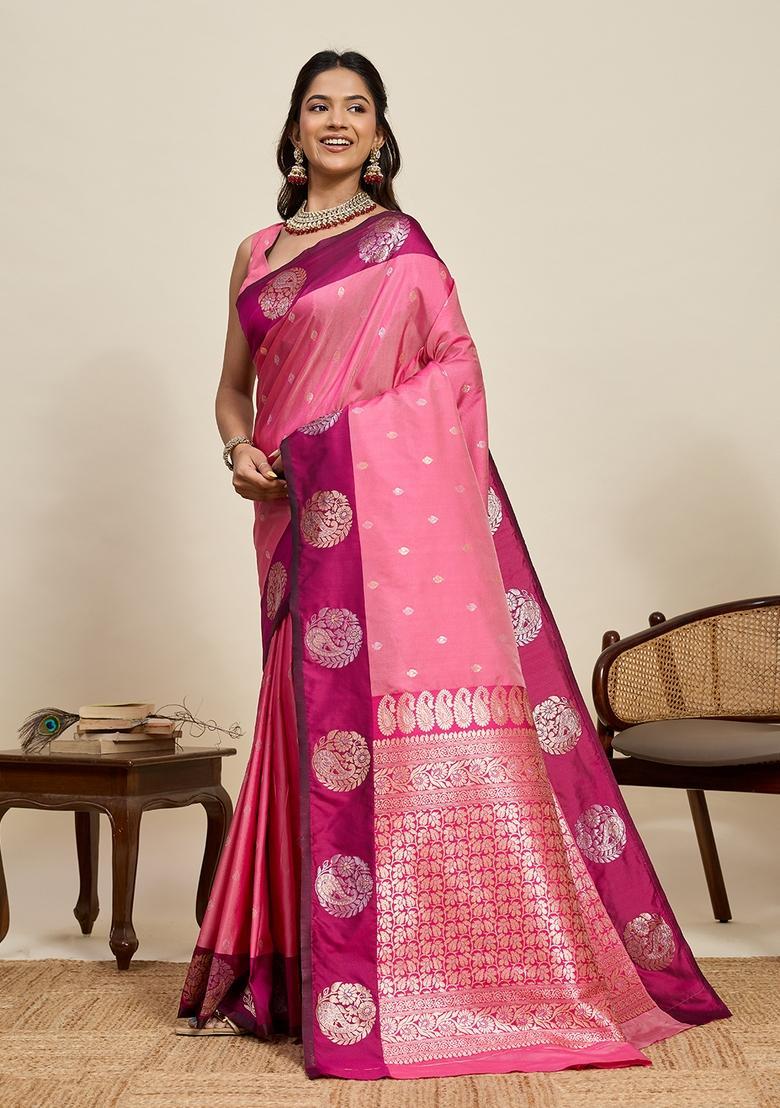 Light Pink Paisley Silk Saree Set - Indya