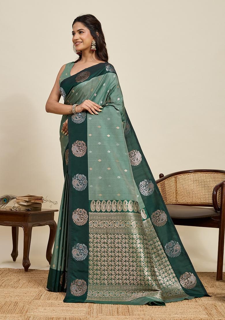 Light Green Paisley Silk Saree Set - Indya