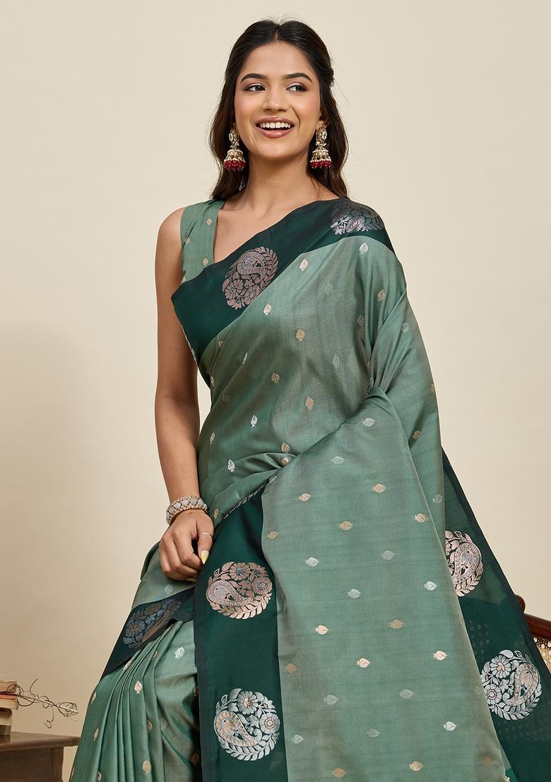 Light Green Paisley Silk Saree Set - Indya