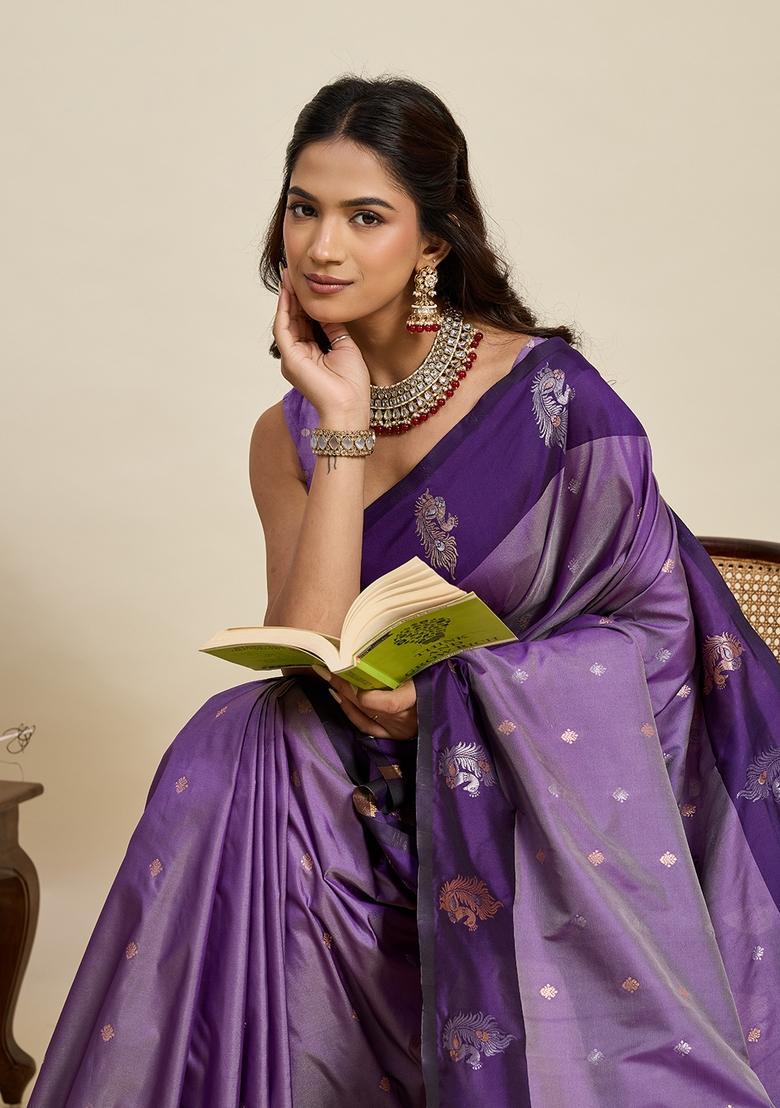 Purple Paisley Silk Saree Set - Indya