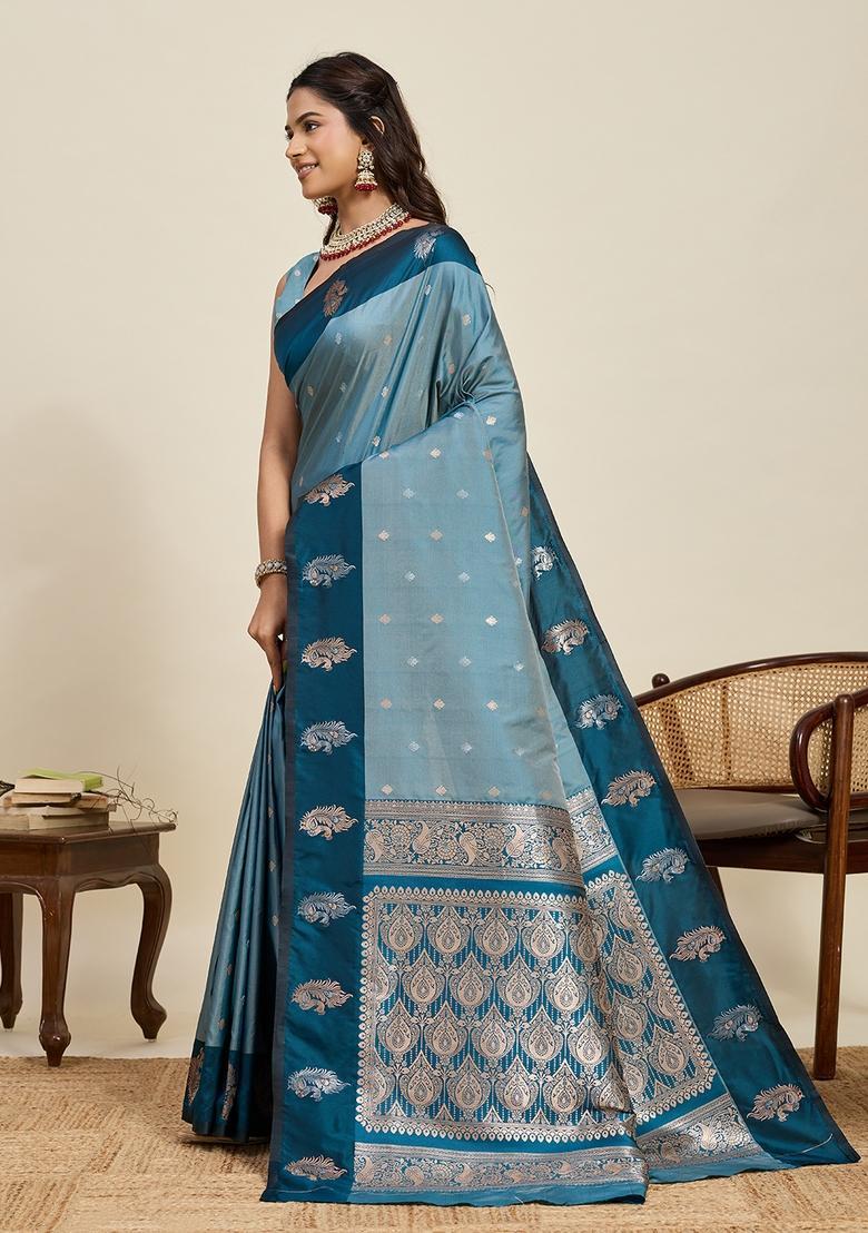 Teal Blue Paisley Silk Saree Set - Indya