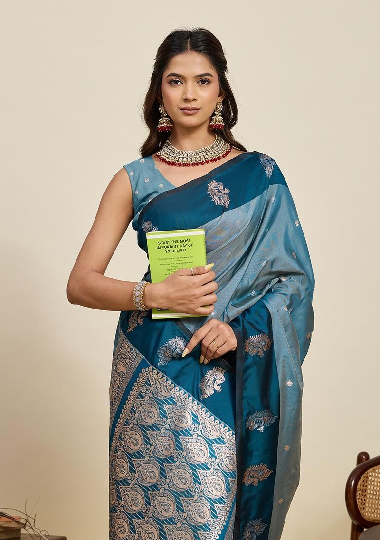 Teal Blue Paisley Silk Saree Set - Indya