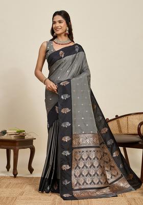Black Paisley Silk Saree Set
