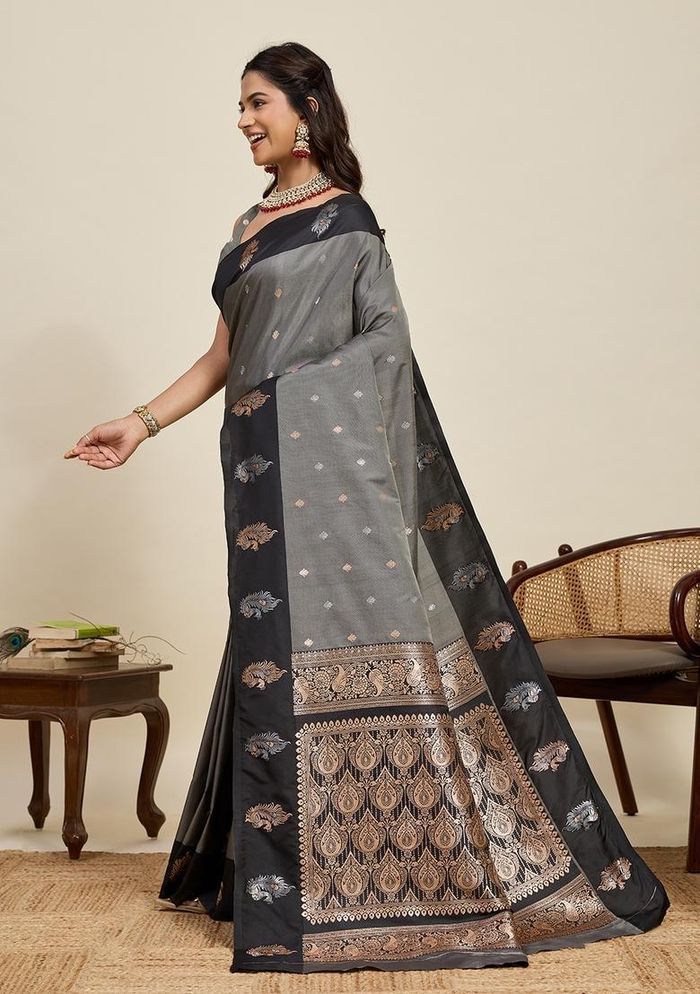 Black Paisley Silk Saree Set - Indya