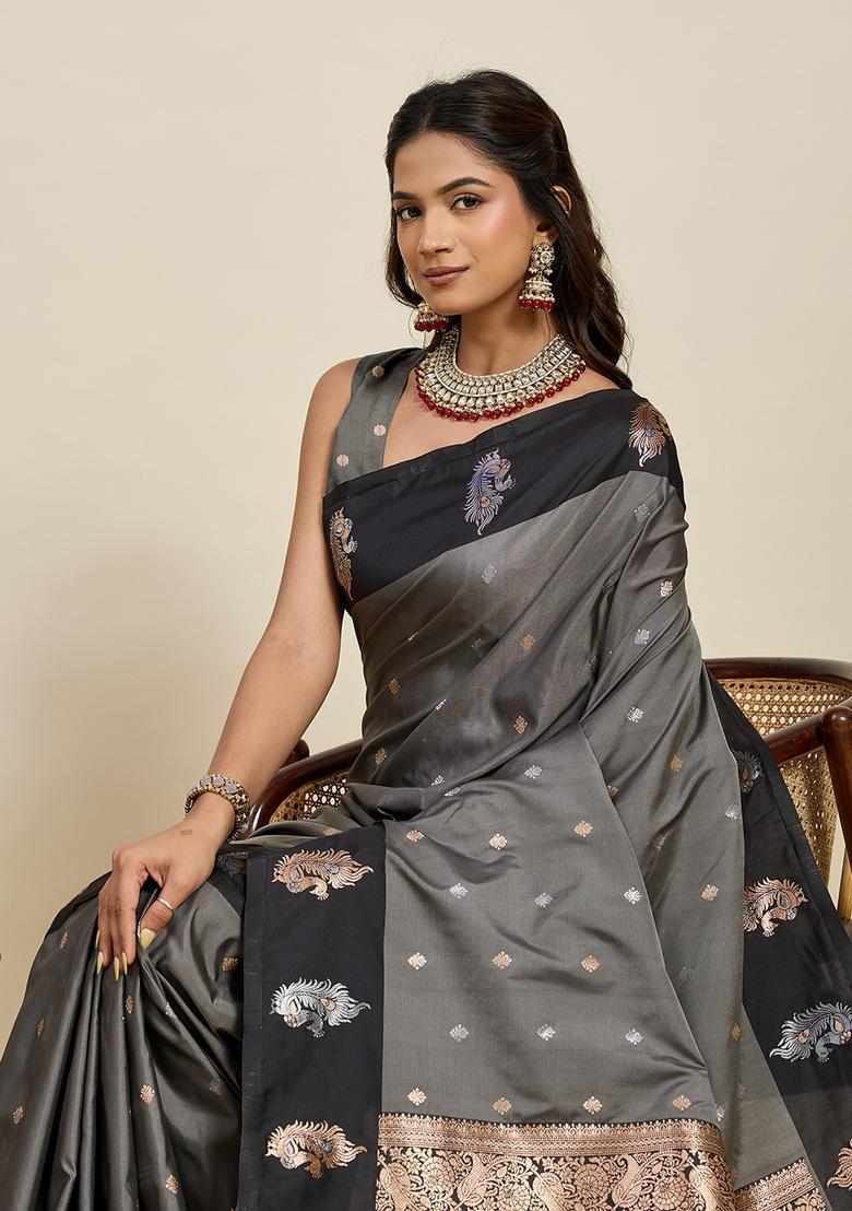 Black Paisley Silk Saree Set - Indya