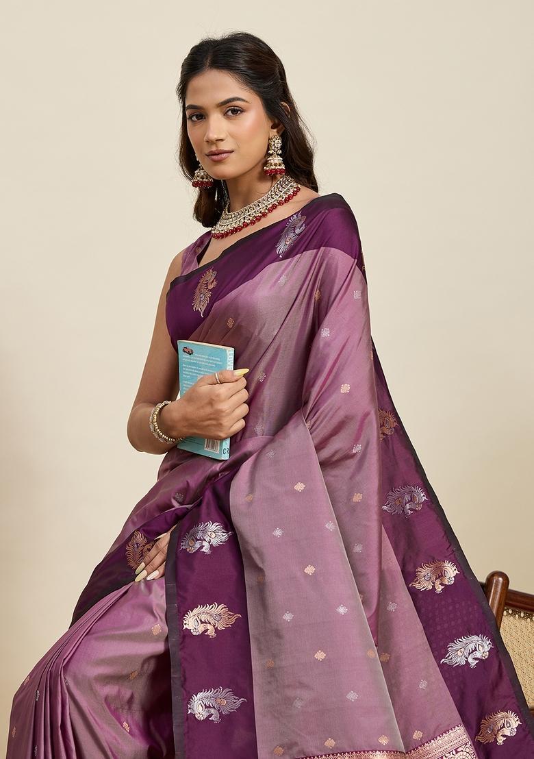 Wine Paisley Silk Saree Set - Indya