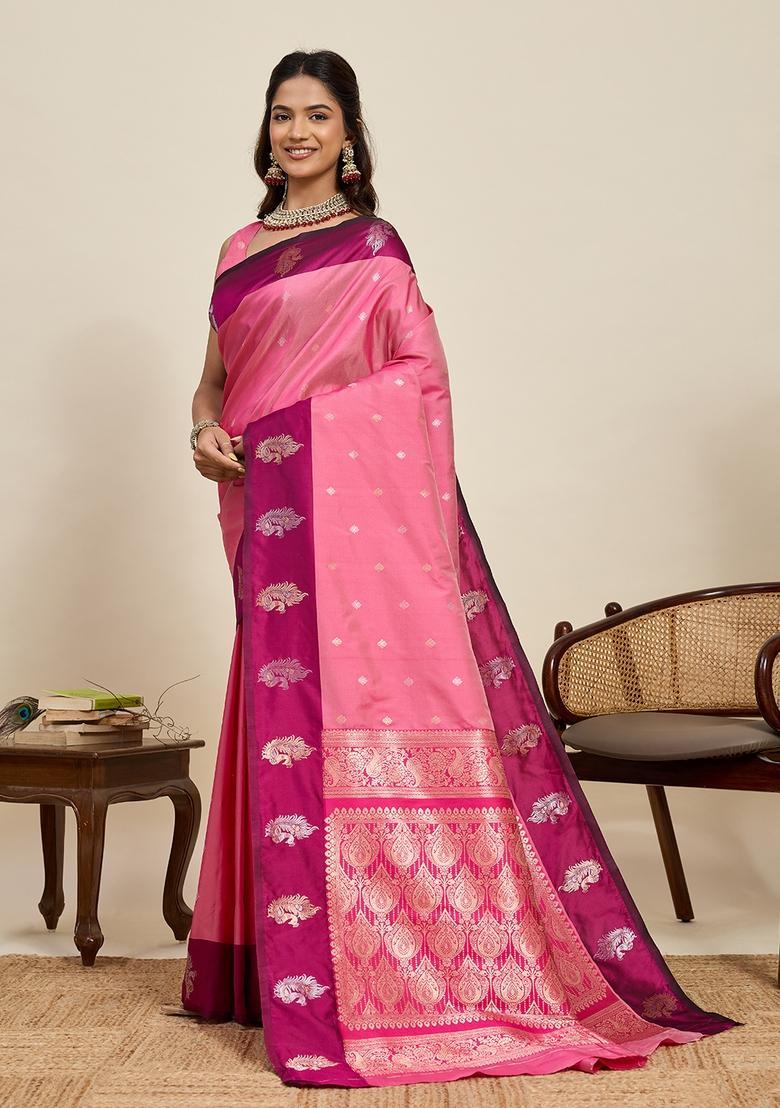 Light Pink Paisley Silk Saree Set - Indya