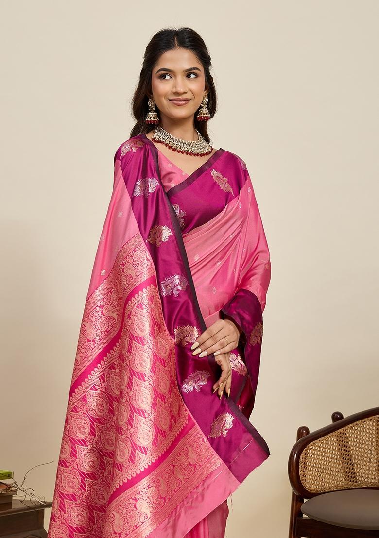 Light Pink Paisley Silk Saree Set - Indya