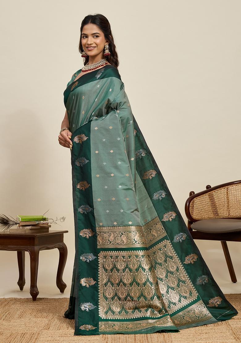 Light Green Paisley Silk Saree Set - Indya