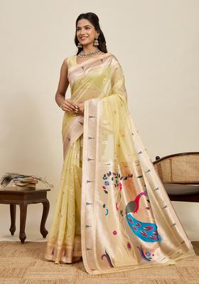 Lemon Paisley Silk Saree Set