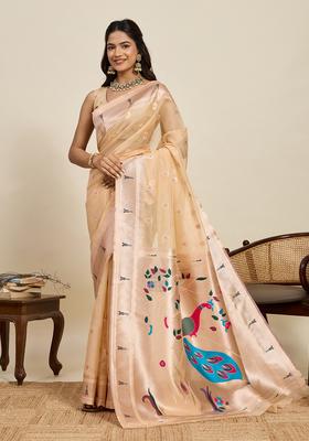 Peach And Beige Paisley Silk Saree Set