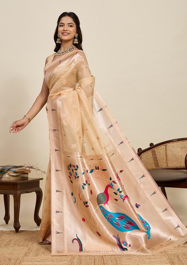 Peach And Beige Paisley Silk Saree Set - Indya