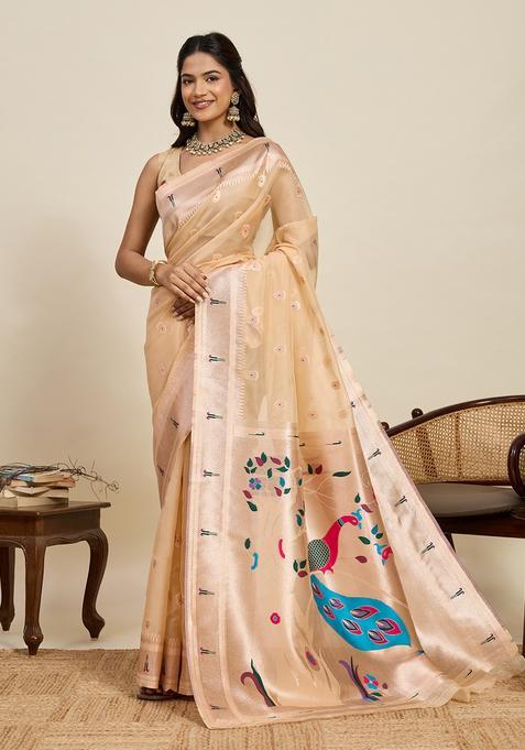 Peach And Beige Paisley Silk Saree Set