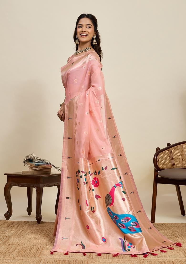 Light Pink Paisley Silk Saree Set - Indya
