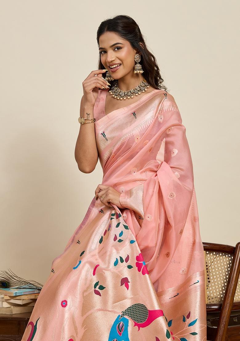 Light Pink Paisley Silk Saree Set - Indya