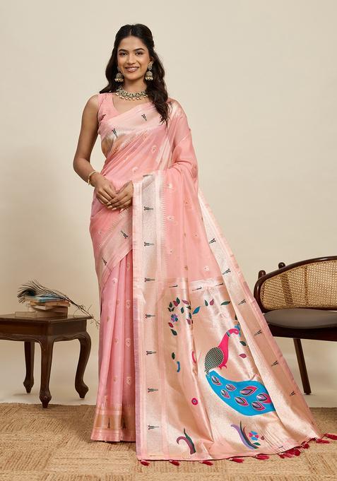 Light Pink Paisley Silk Saree Set