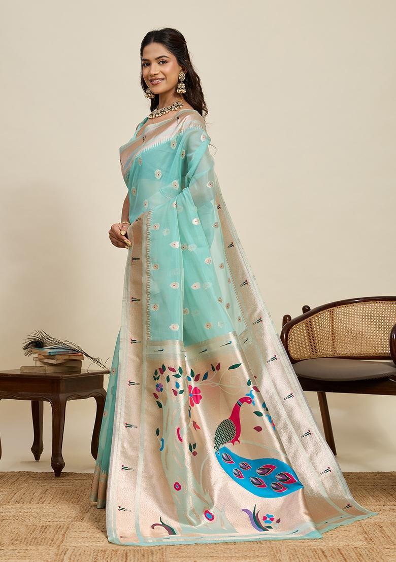 Mint Blue Paisley Silk Saree Set - Indya