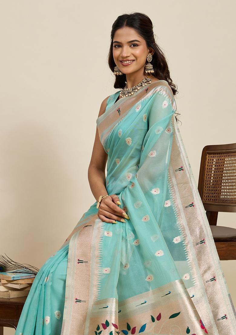 Mint Blue Paisley Silk Saree Set - Indya